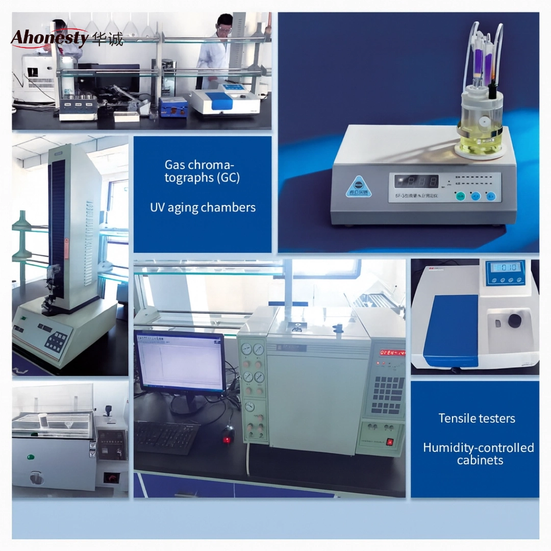 Laboratory equipment at Huacheng: gas chromatographs, UV aging chambers, tensile testers and humidity-controlled cabinets