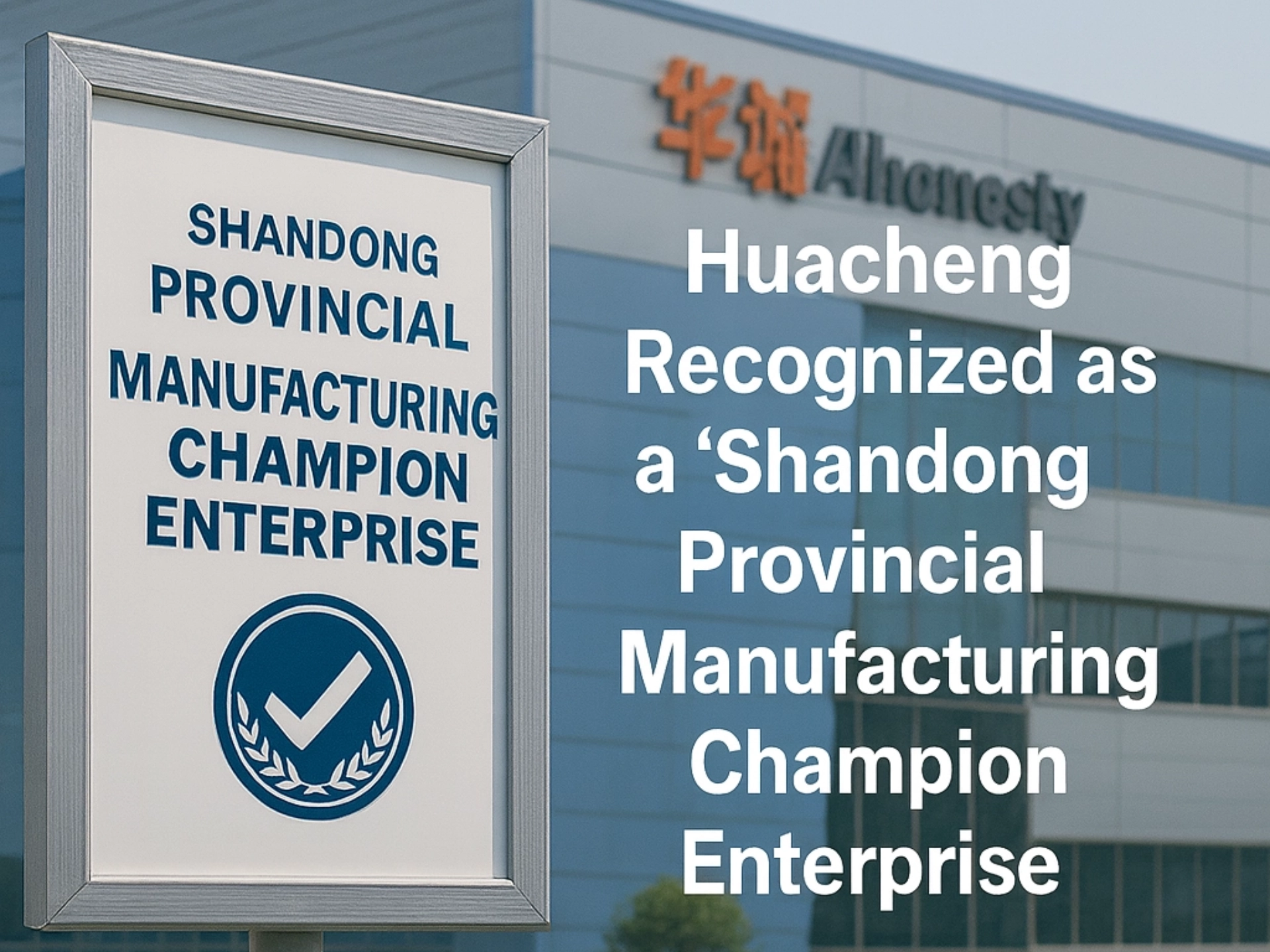 Shandong Provincial Manufacturing Champion Enterprise award sign outside Huacheng's factory