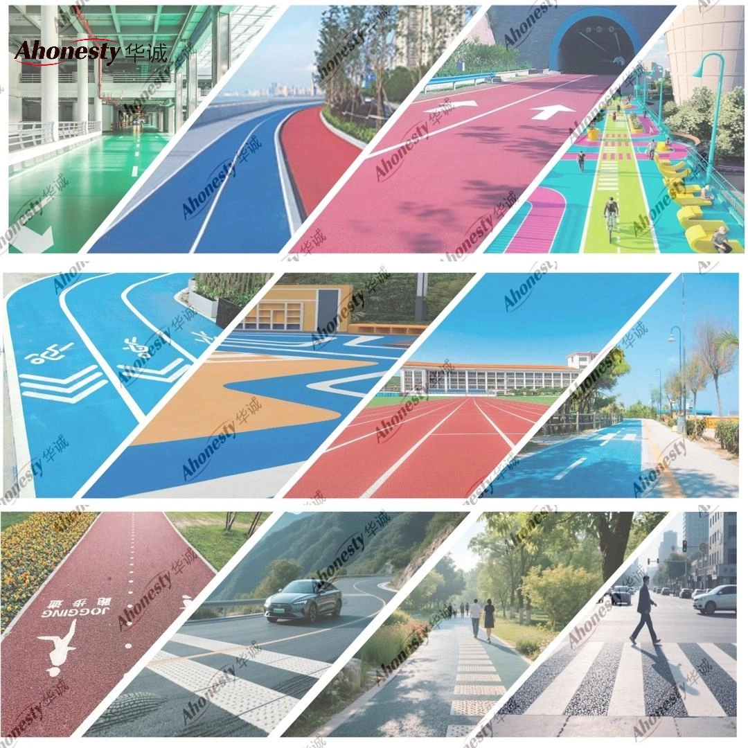 Coloured permeable pavement, sports surfacing and road marking applications produced by Huacheng