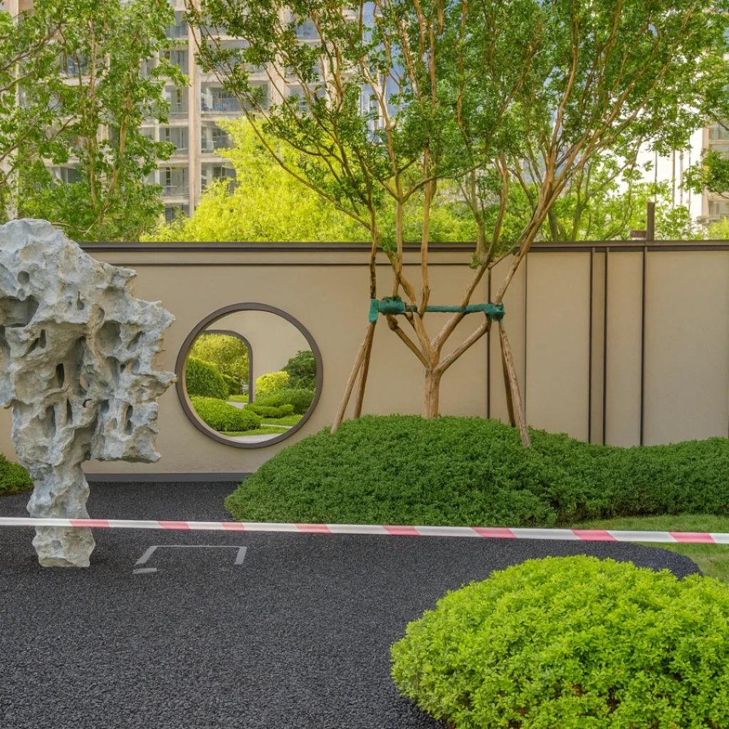 Black resin-bound stone courtyard surface in a refined landscape, highlighting colour stability, precision requirements, and high-end system design.