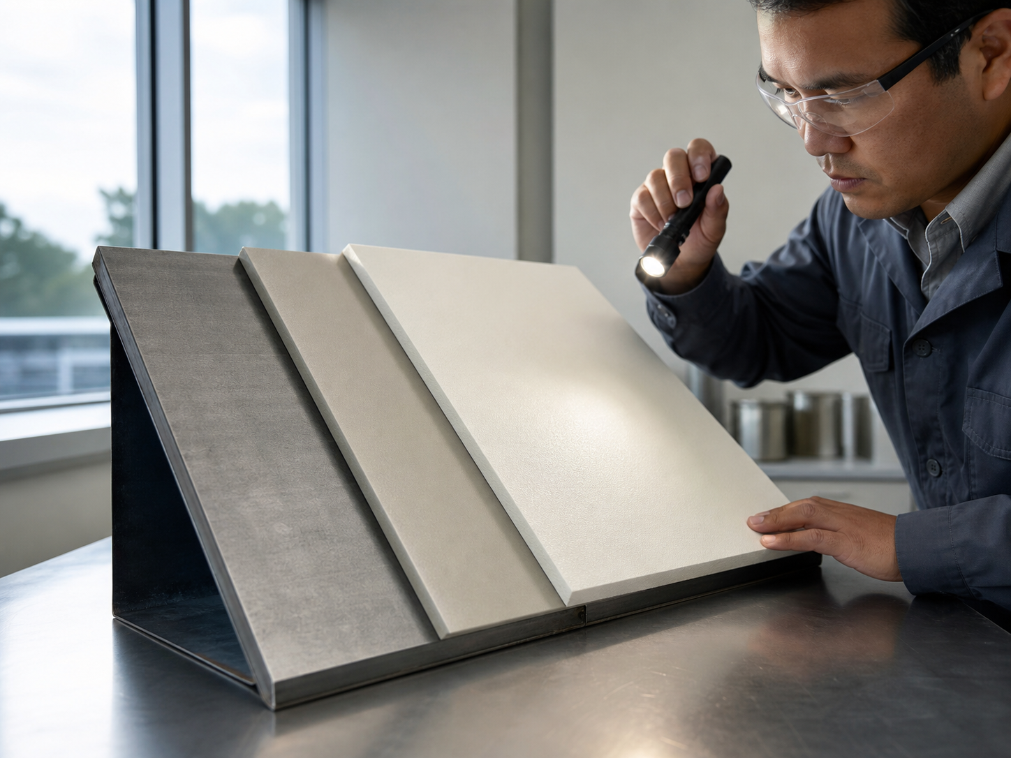 Technician inspecting coated sample panels for passive radiative cooling system