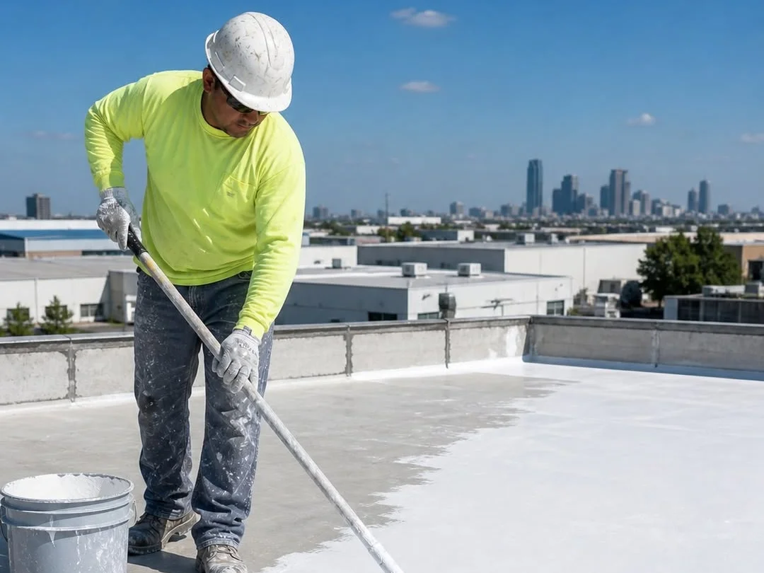 Worker rolling white radiative cooling paint onto a flat concrete roof